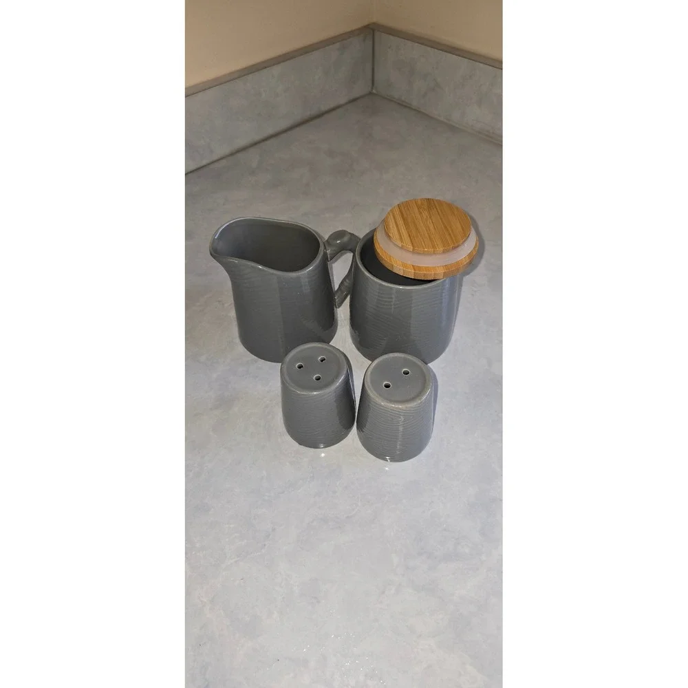 Temp-tations by Tara Woodland Grey Ceramic Creamer Sugar Salt Pepper Set 4pc